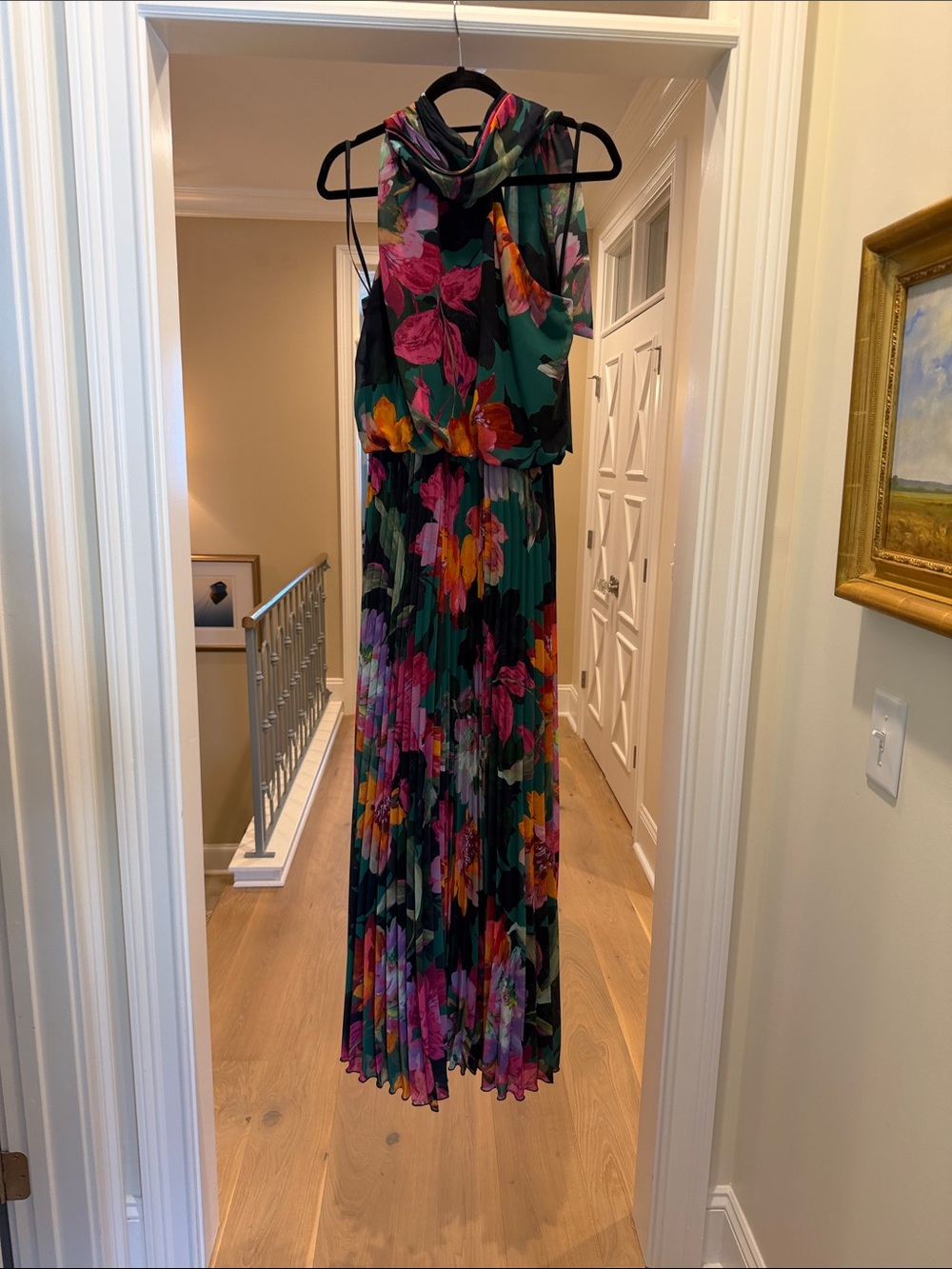 Xscape Floral Pleated Maxi Dress in navy Green and Multicolor(bw)